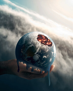 Hand is holding planet earth and try to save from melting because of environmental pollution and global warming