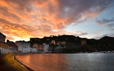 Spectacular sunrise over the Bay of Silence in Sestri Levante, Liguria