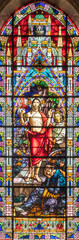 VALENCIA, SPAIN - FEBRUAR 17, 2022: The Resurrection in neo-gothic stained glass of  church Basilica de San Vicente Ferrer by Talleres Maumejean Hermanos from 20. cent.