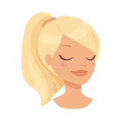 Pretty Woman Character Face with Blond Hair in Ponytail Smiling with Closed Eyes Vector Illustration