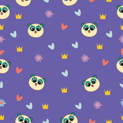 Cute seamless pattern on purple background with cozy panda and cute flowers, hearts and crown.
Texture for scrapbooking, wrapping paper, invitations. Vector illustration.