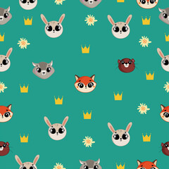 Cute seamless pattern on emerald background with cozy bunny, wolf, fox and otter. As well as beautiful flowers and a crown. Texture for scrapbooking, wrapping paper, invitations. Vector illustration.