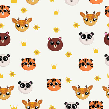 Cute seamless pattern on a white background with cozy animals and cute flowers. Texture for scrapbooking, wrapping paper, invitations. Vector illustration.