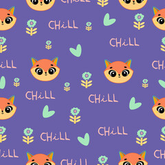Cute seamless pattern on a purple background with a cozy fox, beautiful flowers, and cute lettering. Texture for scrapbooking, wrapping paper, invitations. Vector illustration.