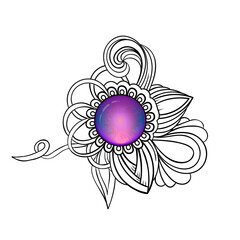 Ornamental floral hand drawn zentangle element with purple gem. Zenstone. Beautiful design for adult and kids coloring book, t-shirt design, greeting cards, indian henna design or tattoo.