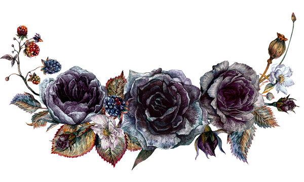 Watercolor Floral Gothic Arrangement Isolated on White Background.