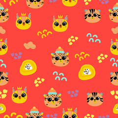 Cute seamless pattern on a red background with cute animals and bright abstract patterns. Texture for scrapbooking, wrapping paper, invitations. Vector illustration.