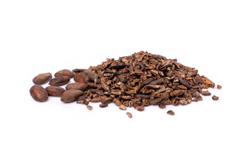 Pile of cocoa nib with dry cacao beans isolated on white background.