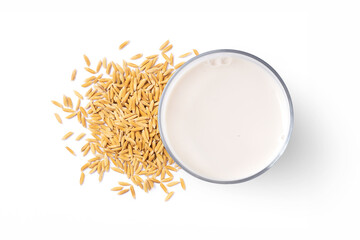 Rice milk isolated on white background. Top view. Flat lay.