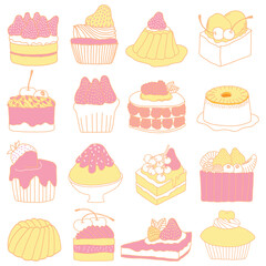Hand drawn doodle pastry and dessert collection in yellow and pink pastel tone