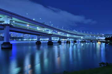 東京都お台場にある台場公園から見るレインボーブリッジとブルーアワーの夜景