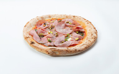Homemade pizza with ham. On a light background.