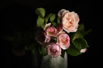 Romantico mazzo di rose recise di colore rosa antico, in vaso trasparente isolato su fondo nero