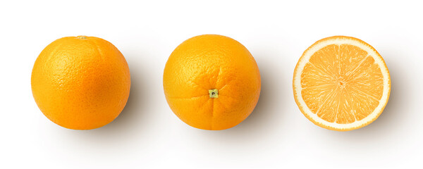 Closeup fresh mandarin orange fruit with half sliced isolated on white background