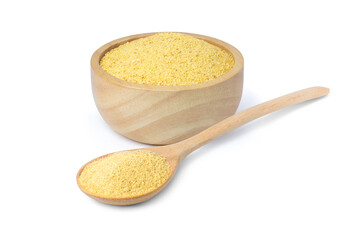 Cornmeal polenta in wooden bowl and spoon isolated on white background.