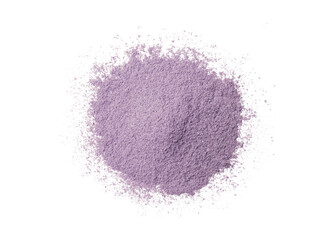 Pile of purple powder isolated on white background. Top view. Flat lay.