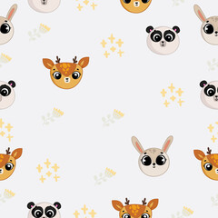 Cute seamless pattern on a gray background with cute bunny, deer and panda, as well as cute flowers and stars. Texture for scrapbooking, wrapping paper, invitations. Vector illustration.