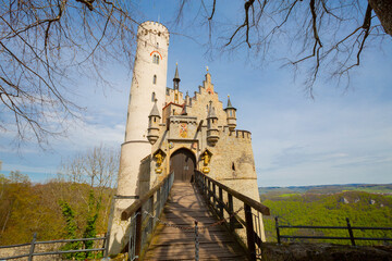 Lichtenstein Castle on mountain top in summer, Germany, Europe. This famous castle is landmark of...