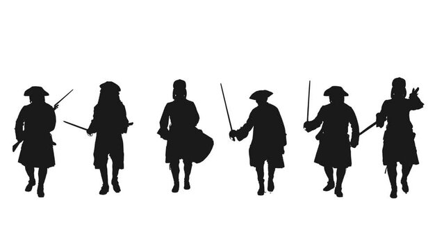 Black and white silhouette of foot soldiers of 18th century go on attack under drumbeat, Full HD footage with alpha transparency channel isolated on white background