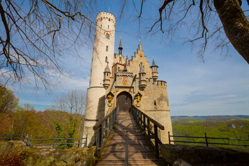 Lichtenstein Castle on mountain top in summer, Germany, Europe. This famous castle is landmark of...