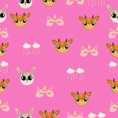 Cute seamless pattern on pink background with cute deer and bunny and also cute girly stuff. Texture for scrapbooking, wrapping paper, invitations. Vector illustration.