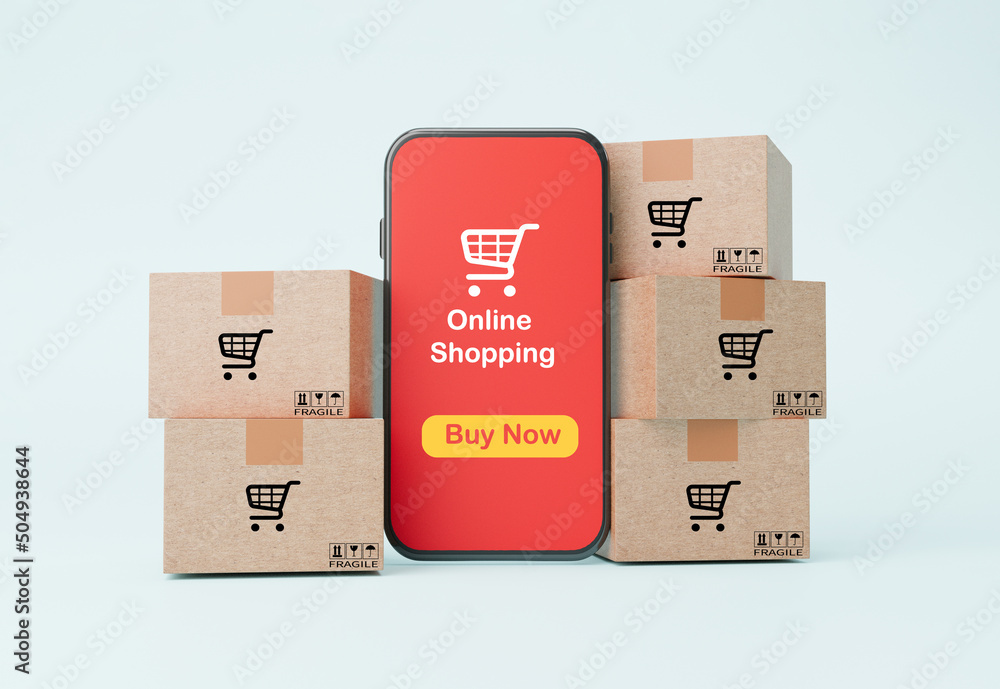 Poster stacking of paper shipping carton boxes and smartphone with red screen monitor for online shopping a