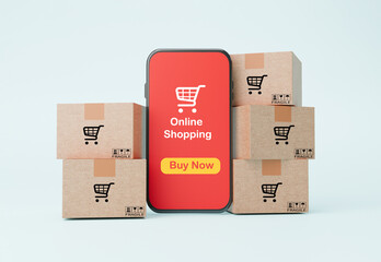Stacking of paper shipping carton boxes and smartphone with red screen monitor for online shopping...