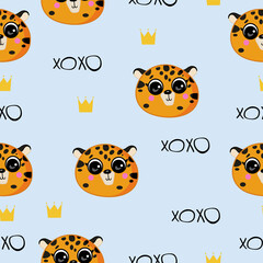Fototapeta premium Seamless pattern with a beautiful crown on a pale blue background, and a cute lynx. Cute and modern print with cute lettering. Great for fabric, wallpaper, textile, packaging. Vector illustration.