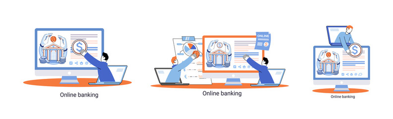 Online banking platform metaphor, remote bank service, online transaction system for mobile investment and payment. Banking operations, currency exchange, check account, manage deposit, e-commerce