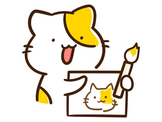 絵筆で絵を描くかわいいねこのキャラクターの手書き風イラスト