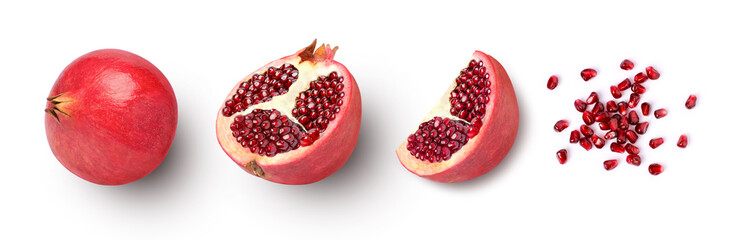 Set of whole and half pomegranate fruit isolated on white background. Top view. Flat lay.