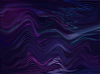 Vector warped lines colorful background. Modern abstract creative illustration with multicolor variable width stripes. Twisted stripes optical illusion. Moire waves.