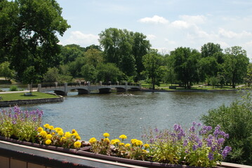 Geneva, Illinois, USA. July 1, 2020. The view from the State Street / Route 38 bridge over the Fox River, looking out on Island Park.
