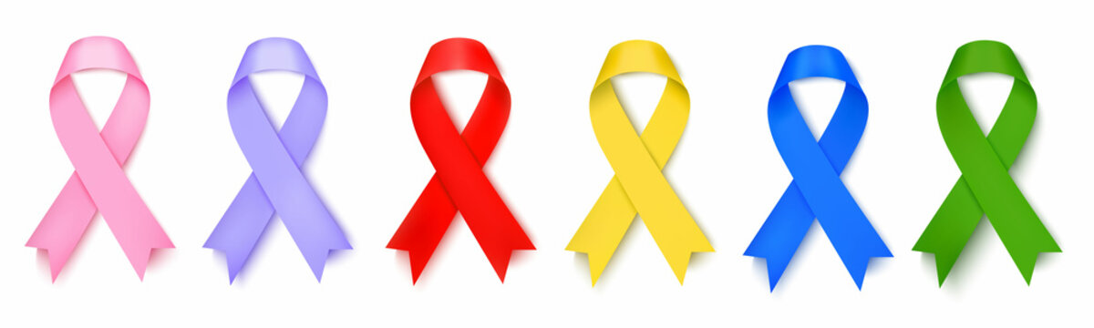A set of realistic colorful loop ribbons, cancer awareness symbols on a white background. Vector illustration EPS 10