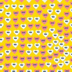 Cute seamless pattern on a bright, yellow background with beautiful hearts and cute lettering. Texture for scrapbooking, wrapping paper, invitations. Vector illustration.