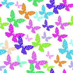 Seamless pattern with gradient colorful flying butterflies on a transparent background. Vector eps 10