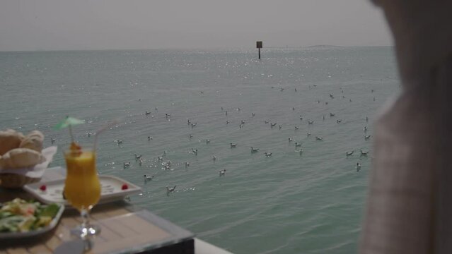 Dining at a restaurant overlooking the beach birds in the sea. Seagulls in distance MXF