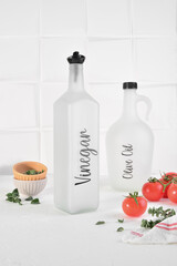 olive oil and vinegar on white background