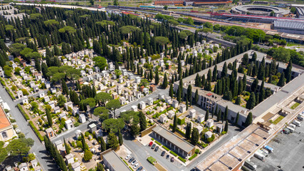 Aerial view of Campo Verano, a monumental cemetery located in the historic center of Rome, Italy....