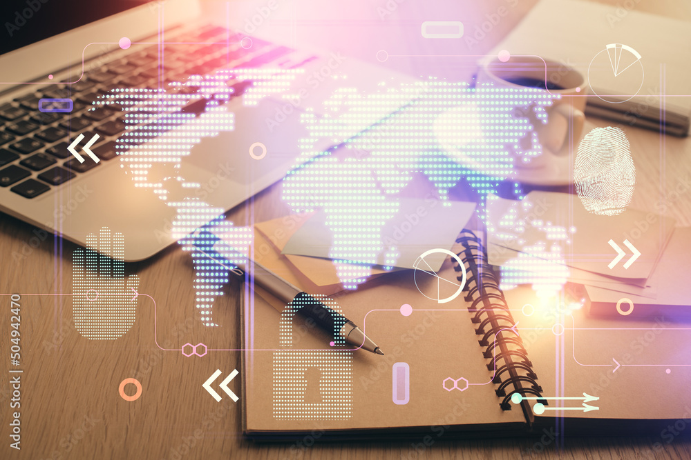 Aufkleber Double exposure of map drawing and desktop with coffee and items on table background. Concept of global data.