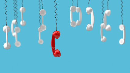 Red telephone receiver of the emergency call hangs down from above - 3d illustration - obrazy, fototapety, plakaty