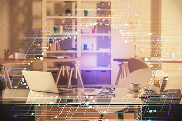 Multi exposure of data theme drawing and office interior background. Concept of technology.