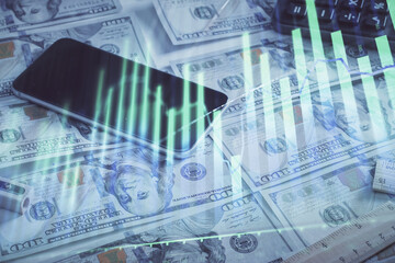 Double exposure of forex graph drawing over us dollars bill background. Concept of financial markets.