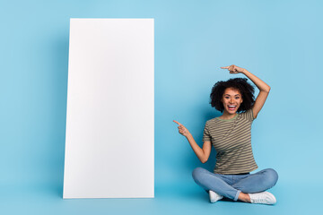 Full body photo of excited lady direct white poster device panel nomad website discounts isolated...