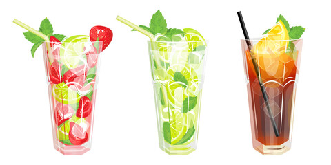 A set of summer refreshing cocktails, classic Mojito with lime, Mojito with strawberries, ice and mint, Long Island cocktail with lemon.Vector illustration.The concept of drinks.