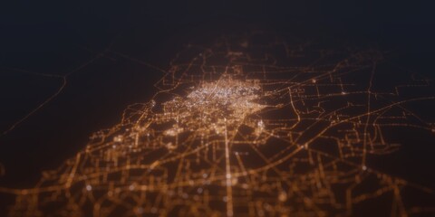 Street lights map of Multan (Pakistan) with tilt-shift effect, view from south. Imitation of macro shot with blurred background. 3d render, selective focus