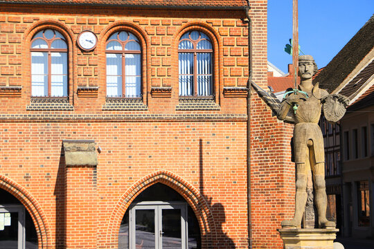 A close up from the Roland statue of Hanseatic city Stendal, a medieval town in Saxony-Anhalt - Germany. 27st march 2022