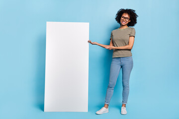 Full body photo of lady demonstrate placard device electronics network web nomad isolated blue...