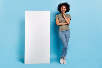 Photo of smart lady stand electronics poster decide ecommerce eshop digital nomad isolated blue...
