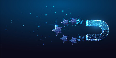 Futuristic social media marketing concept with glowing magnet attracting stars 